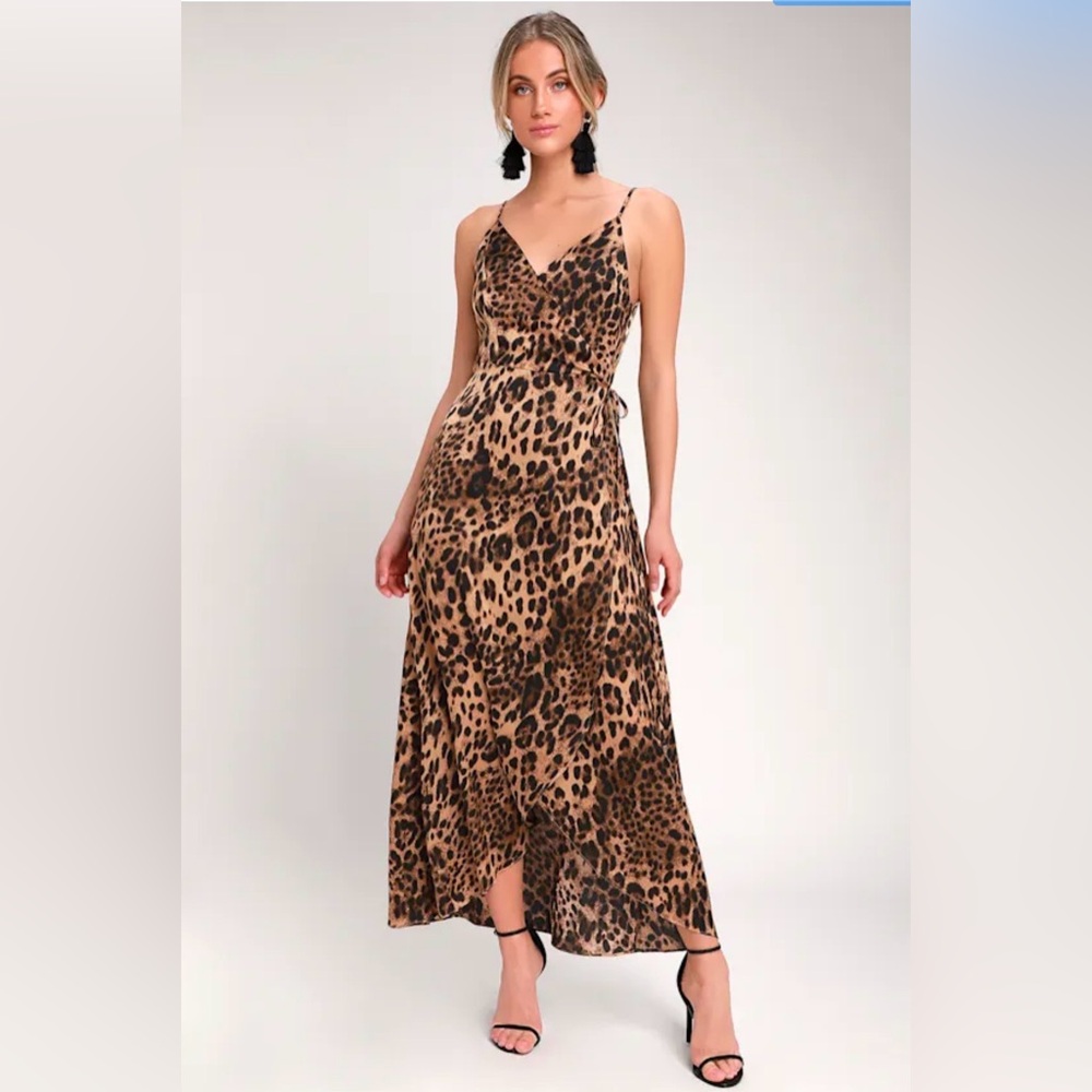 Lulus Leopard Print Wrap Maxi Dress Size M High Low Hem Vacation Wedding Guest